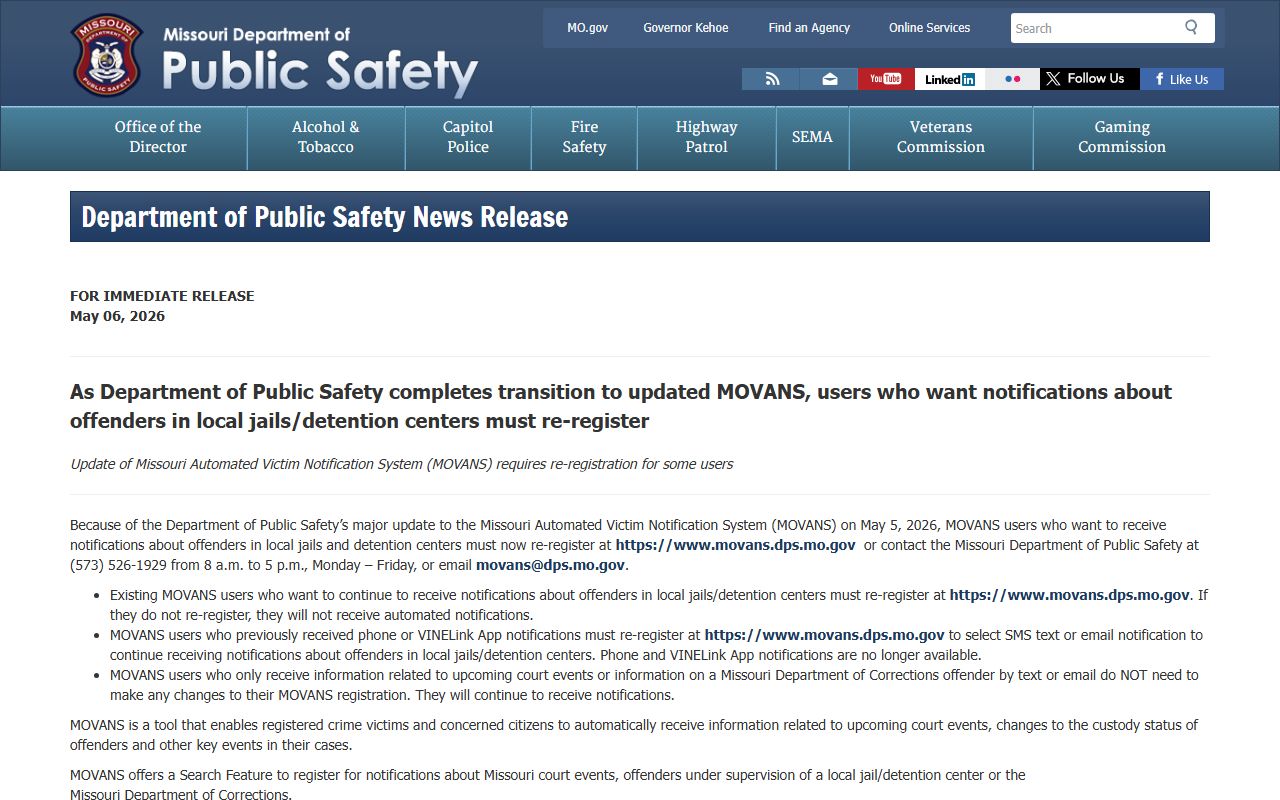 Grundy County inmate population MOVANS custody notification update