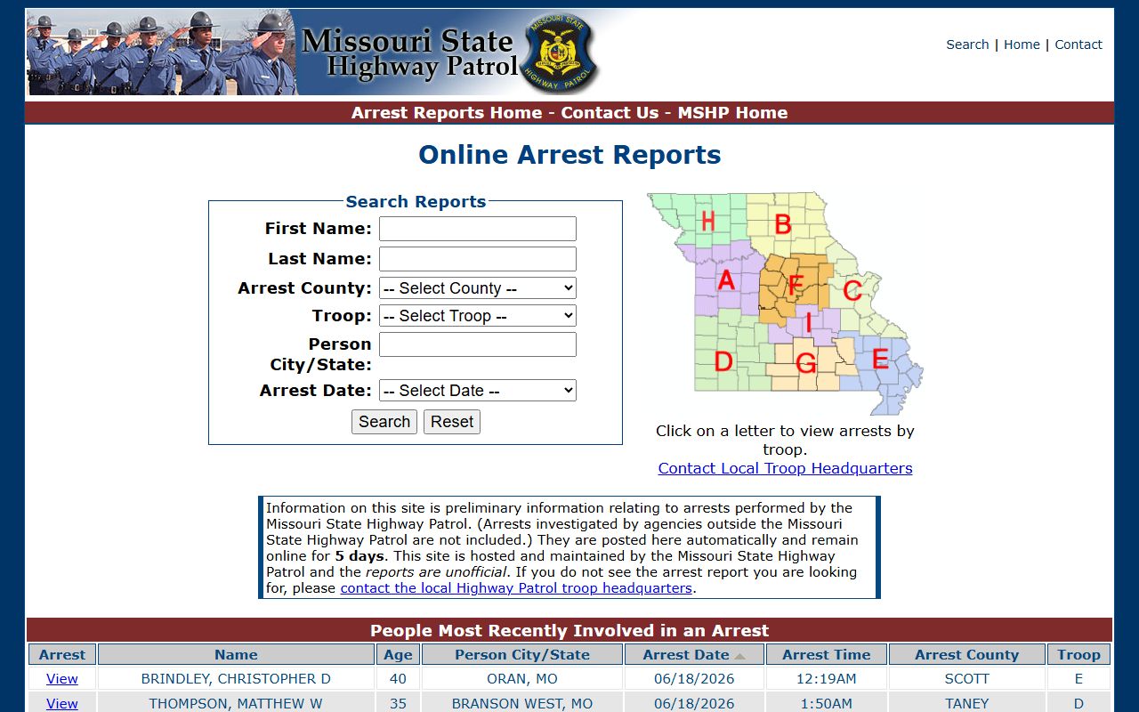 Grundy County inmate population MSHP arrest report search fields